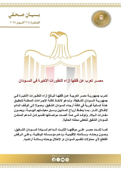 مصــر تؤكد قلقها العميق وتدعو لوقف شامل لإطلاق النار في السودان