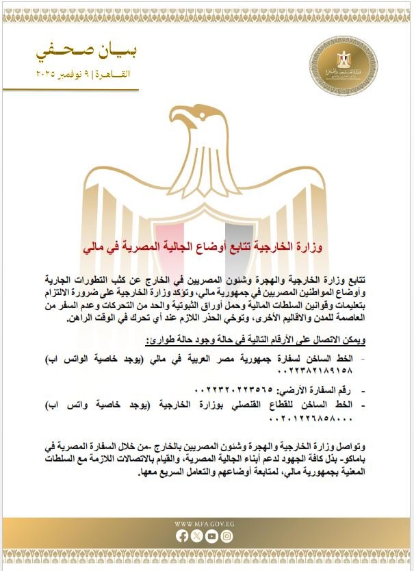 مصر تتابع أوضاع جاليتها في مالي بعد اختطاف ثلاثة مواطنين