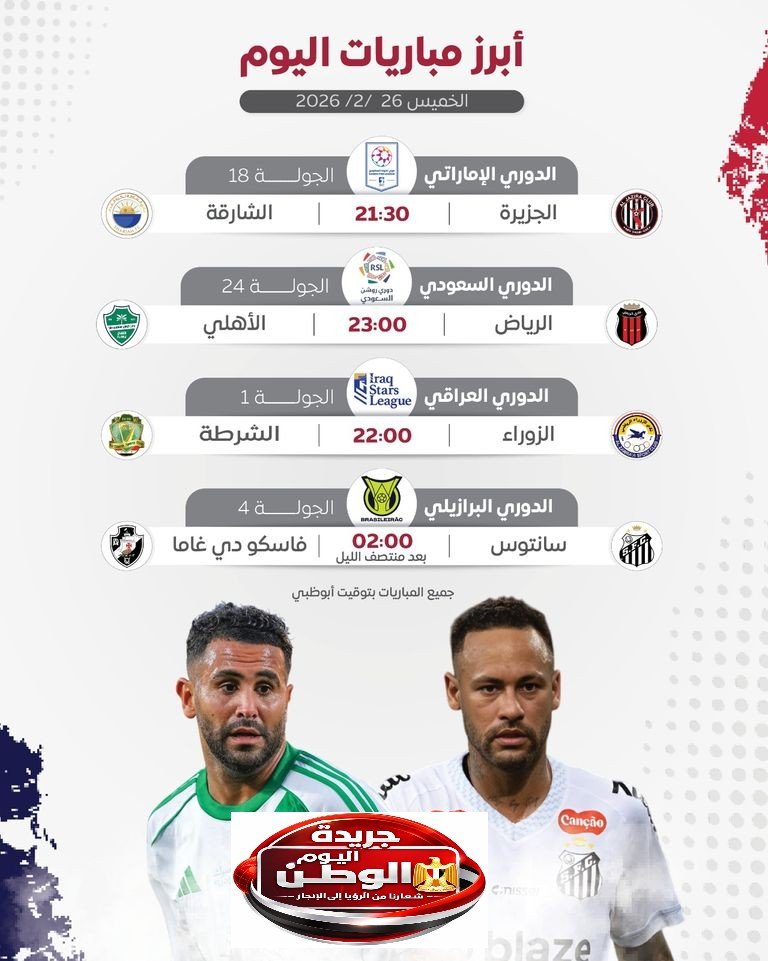 جدول مباريات اليوم الخميس 26 فبراير 2026 والقنوات الناقلة من ملاعب العالم العربية والاوروبية