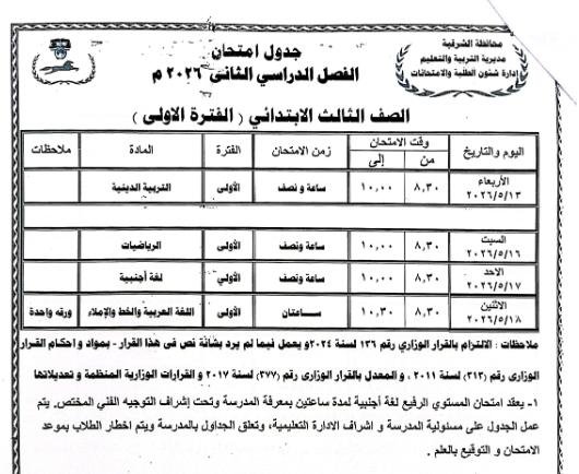 محافظ الشرقية يعتمد جداول امتحانات الفصل الدراسي الثاني للعام 2025/2026