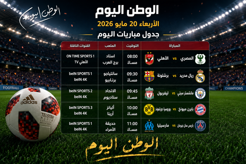جدول مباريات اليوم الأربعاء 20 مايو 2026 والقنوات الناقلة في المقدمة المصري ضد الأهلي