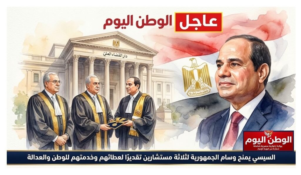 السيسي يمنح وسام الجمهورية لثلاثة مستشارين تقديرًا لعطائهم وخدمتهم للوطن والعدالة