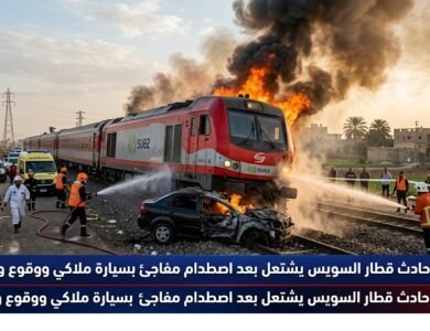 قطار السويس يشتعل بعد اصطدام مفاجئ بسيارة ملاكي ووقوع وفيات