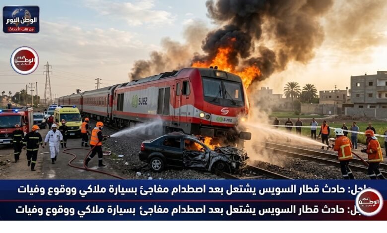 قطار السويس يشتعل بعد اصطدام مفاجئ بسيارة ملاكي ووقوع وفيات