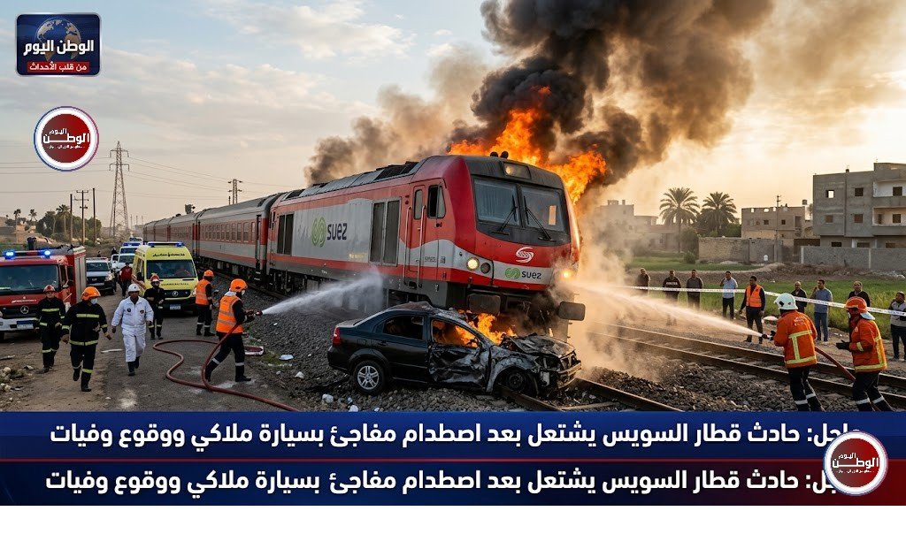 قطار السويس يشتعل بعد اصطدام مفاجئ بسيارة ملاكي ووقوع وفيات