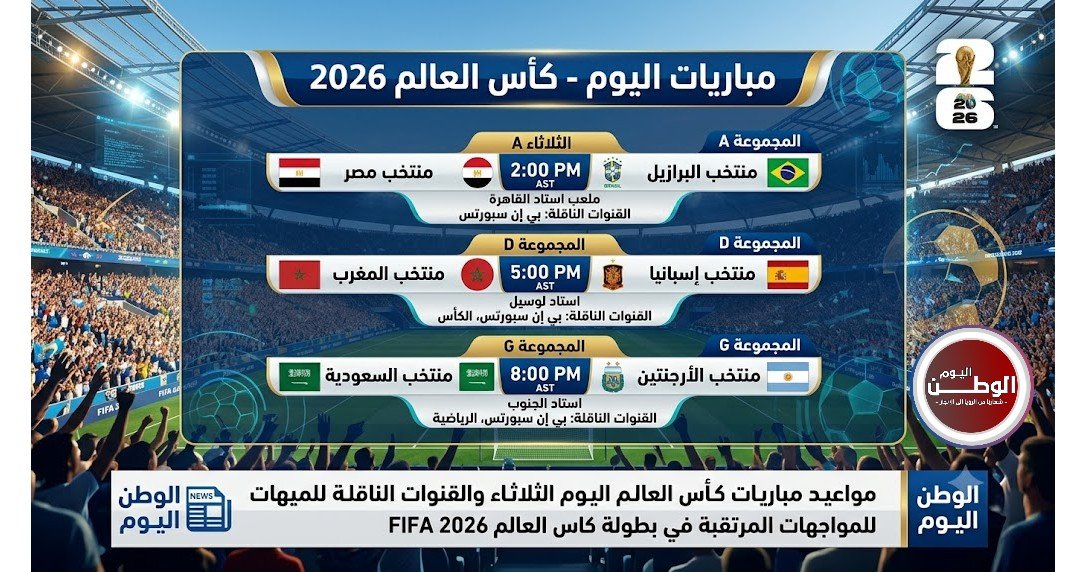 مواعيد مباريات كأس العالم اليوم الثلاثاء والقنوات الناقلة للمواجهات المرتقبة