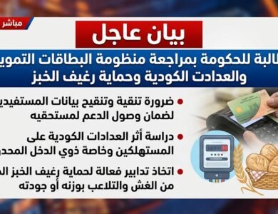 بيان عاجل يطالب الحكومة بمراجعة البطاقات التموينية والعدادات الكودية وحماية رغيف الخبز