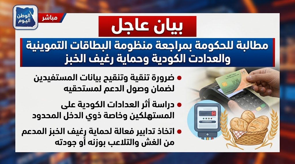 بيان عاجل يطالب الحكومة بمراجعة البطاقات التموينية والعدادات الكودية وحماية رغيف الخبز