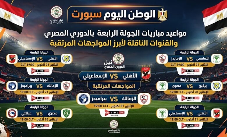 مواعيد مباريات الجولة الرابعة بالدوري المصري والقنوات الناقلة لأبرز المواجهات المرتقبة