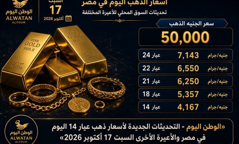 التحديثات الجديدة لاسعار ذهب عيار 14 اليوم في مصر والأعيرة الأخرى السبت 17 أكتوبر 2026