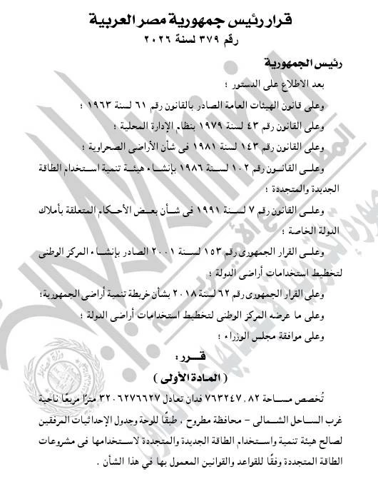 السيسي يخصص ملايين الأفدنة بمطروح للطاقة المتجددة بضوابط رئاسية خاصة