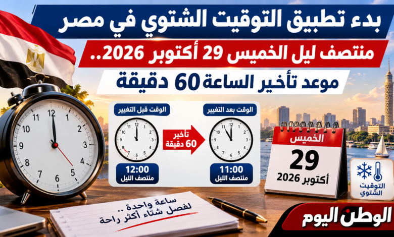 بدء تطبيق التوقيت الشتوي في مصر  منتصف ليل الخميس 29 أكتوبر 2026.. موعد تأخير الساعة 60 دقيقة