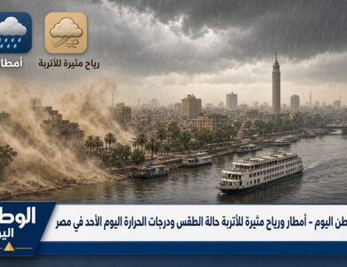 منفضلك صمم ليا صورة من واقع هذا الكلام أمطار ورياح مثيرة للأتربة حالة الطقس ودرجات الحرارة اليوم الأحد في مصرمع كتابة هذا الكلام علي شريط اخبار بشكل جميل وتكون الصورة مستطيلة